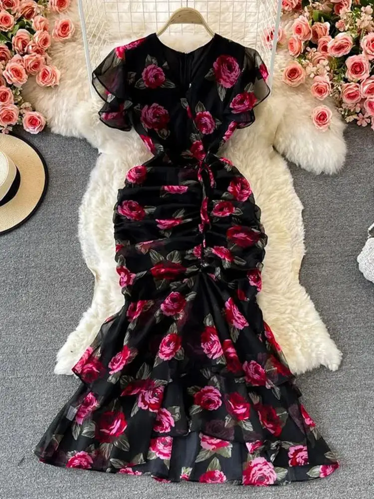 

Summer Sexy Party Ruffles Package Hip Fishtail Bodycon Dress Women V Neck Chiffon Lace Up Ruched Flower Print Midi Vestidos