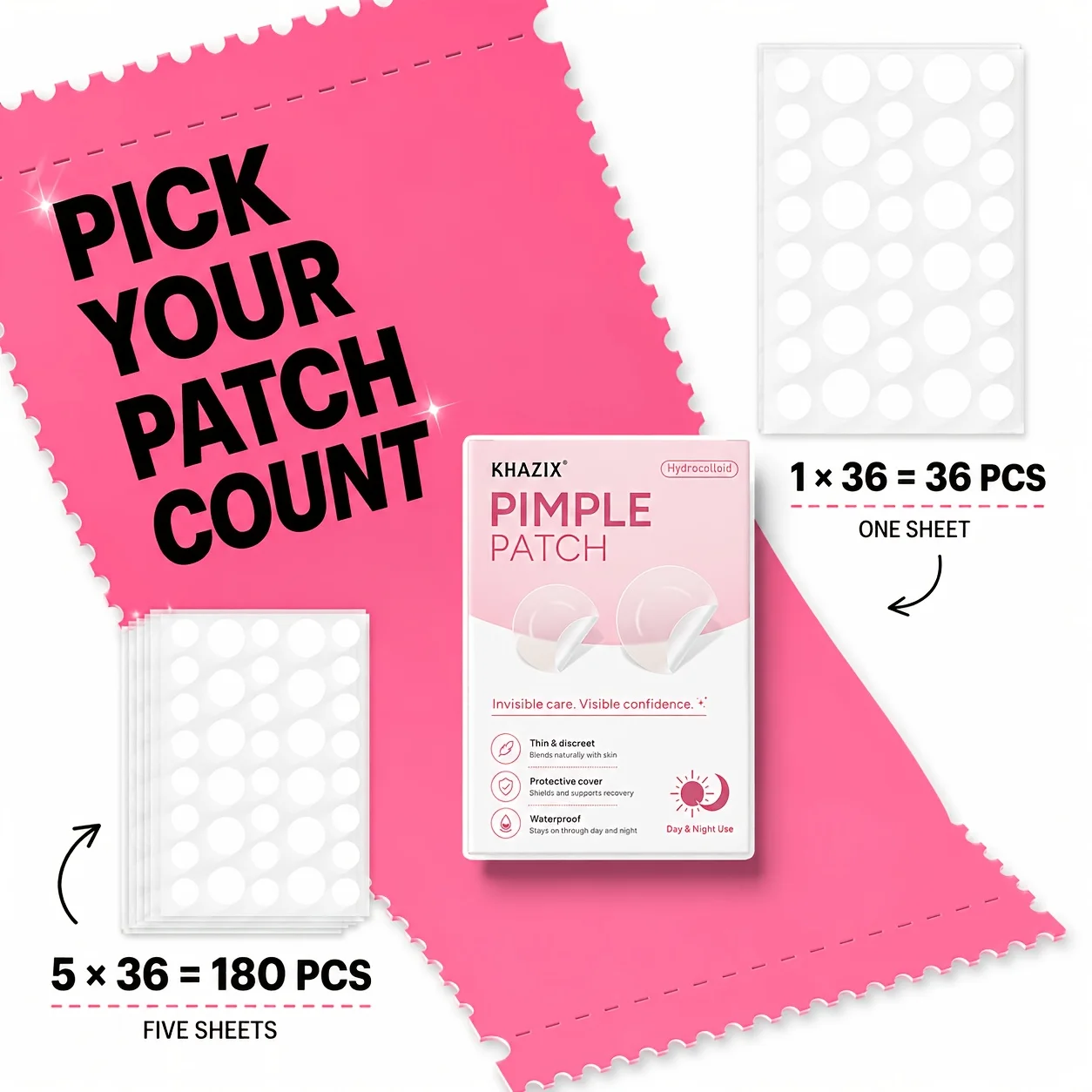 36/180PCS pimple patch,invisible blemish covering patches, water-resistant,applicable to all skin types