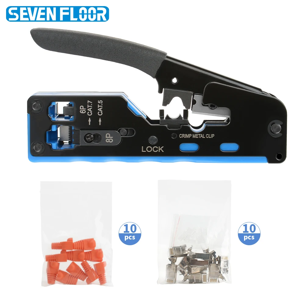 Cat7 Cat6 Cat5E Pass Through Crimping Tool 8P6P, 10Pcs Shielded RJ45 Cat7 Plugs with Strain Relief Boots & Cable Sleeves for Net
