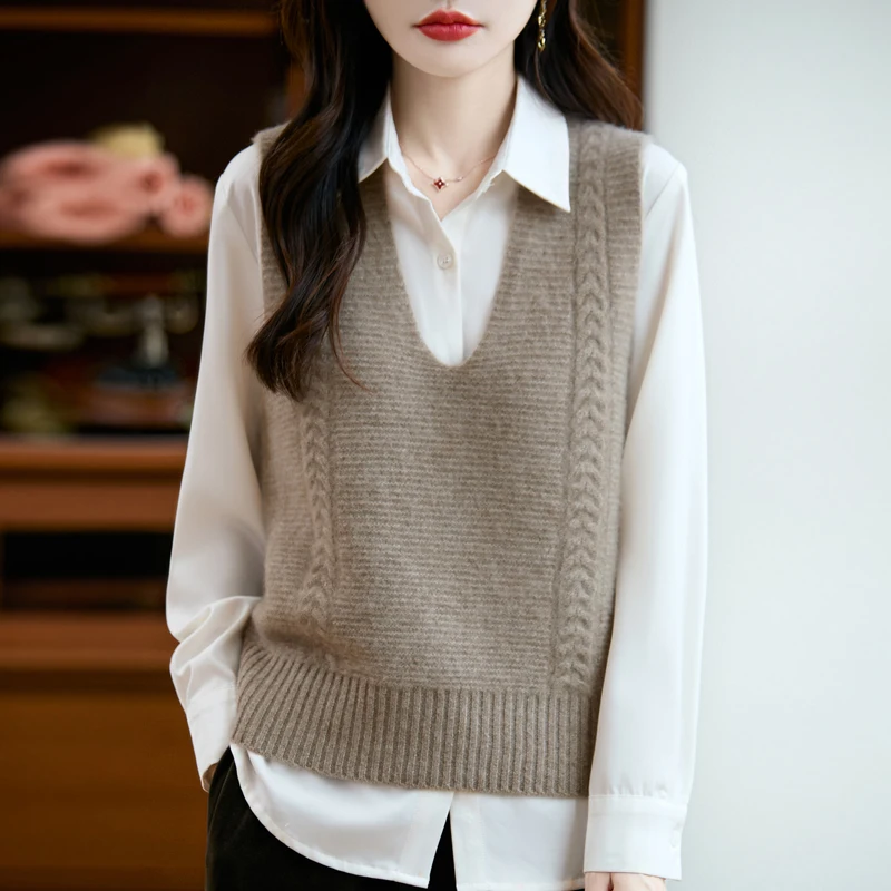 100%ピュアウール レディース 秋冬 セーターベスト 2025 ファッション Vネック ノースリーブ ニット プルオーバー ベスト 女性用 ルーズ ジャンパー トップス