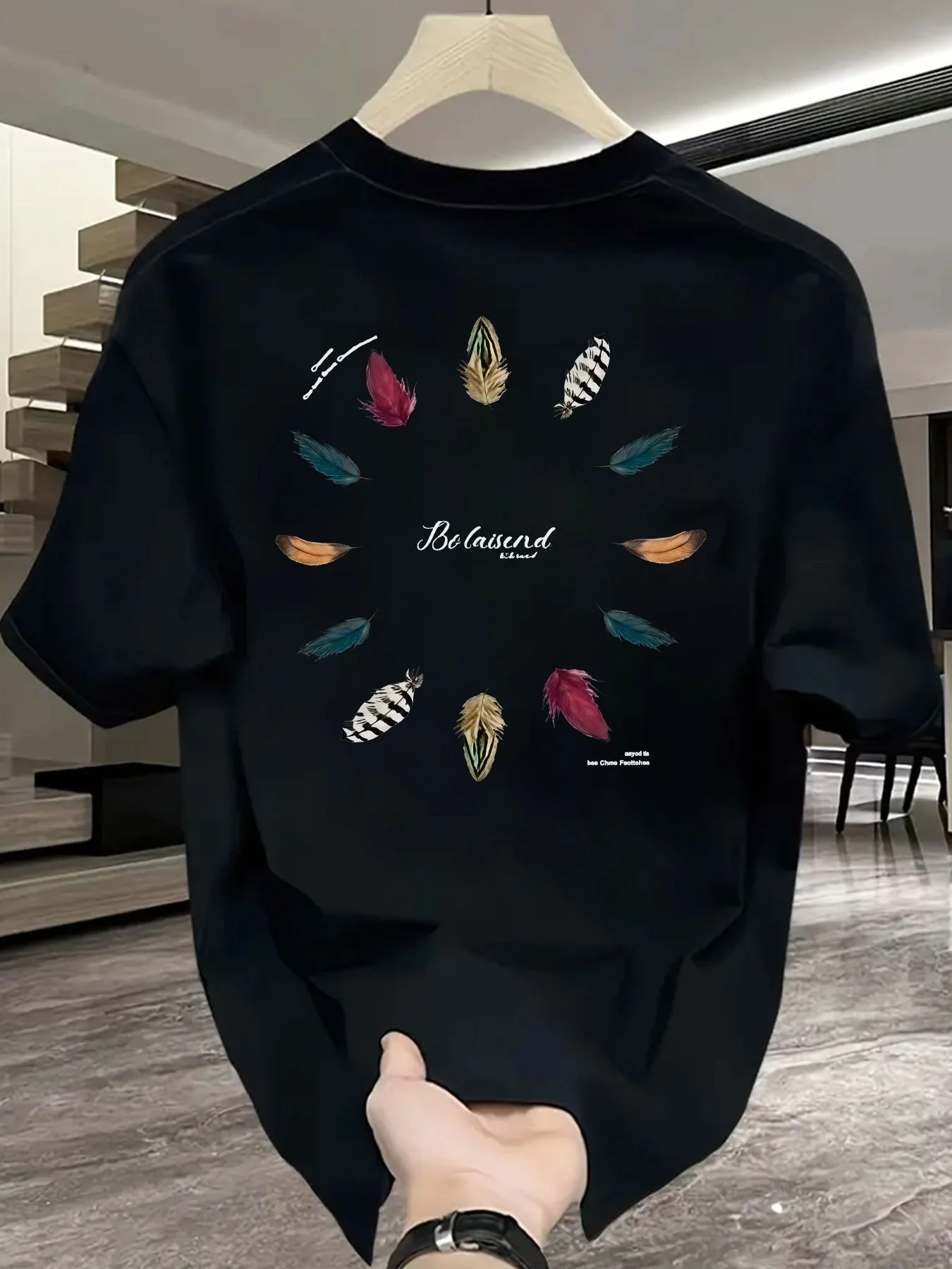 Men's Summer 100 Cotton Fashionable Casual Colorful Feather Vitality Printed Loose Sports Round Neck Short Sleeve T-shirt Top view 4