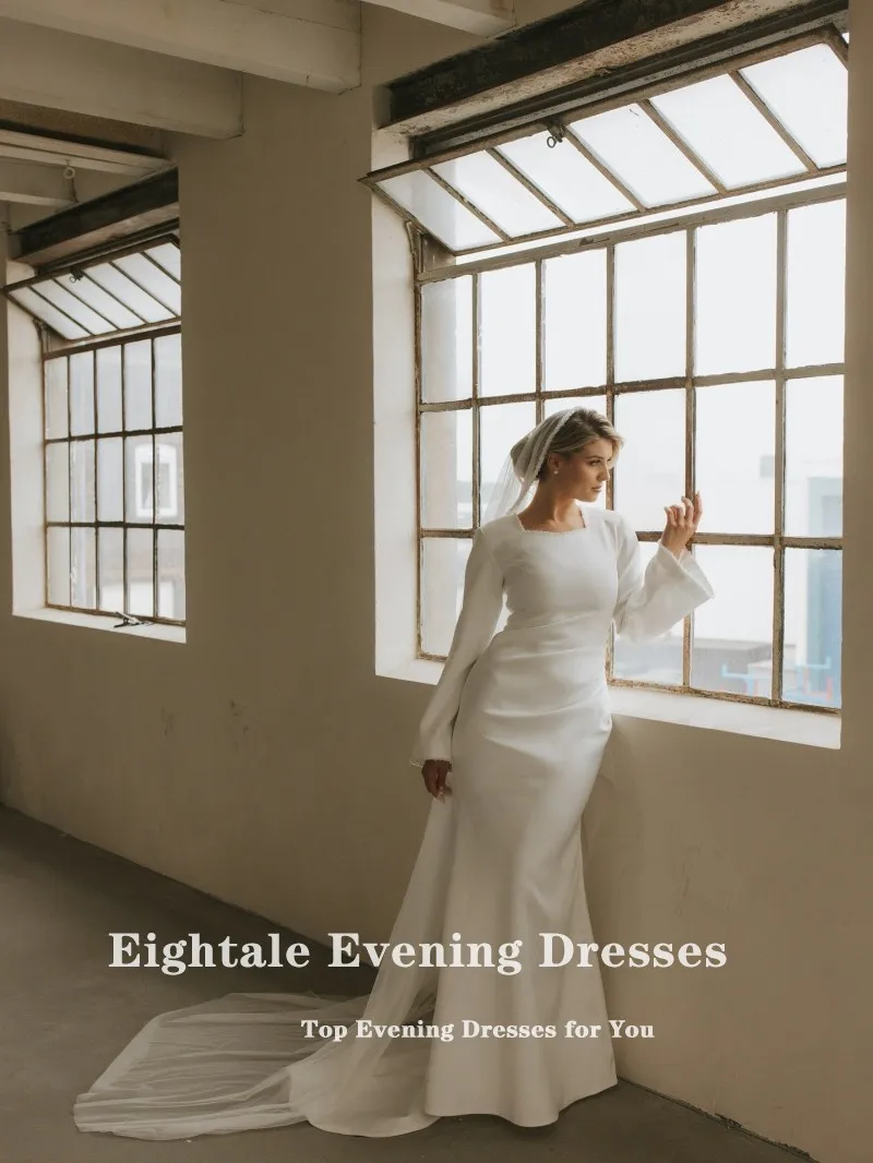 ชุดแต่งงานแบบอาหรับ Eightale สีไอวอรี่ แบบสั่งตัด ประดับลูกปัด คอวี แขนยาว ทรงเมอร์เมด สำหรับเจ้าสาวมุสลิม ชุดงานเลี้ยง