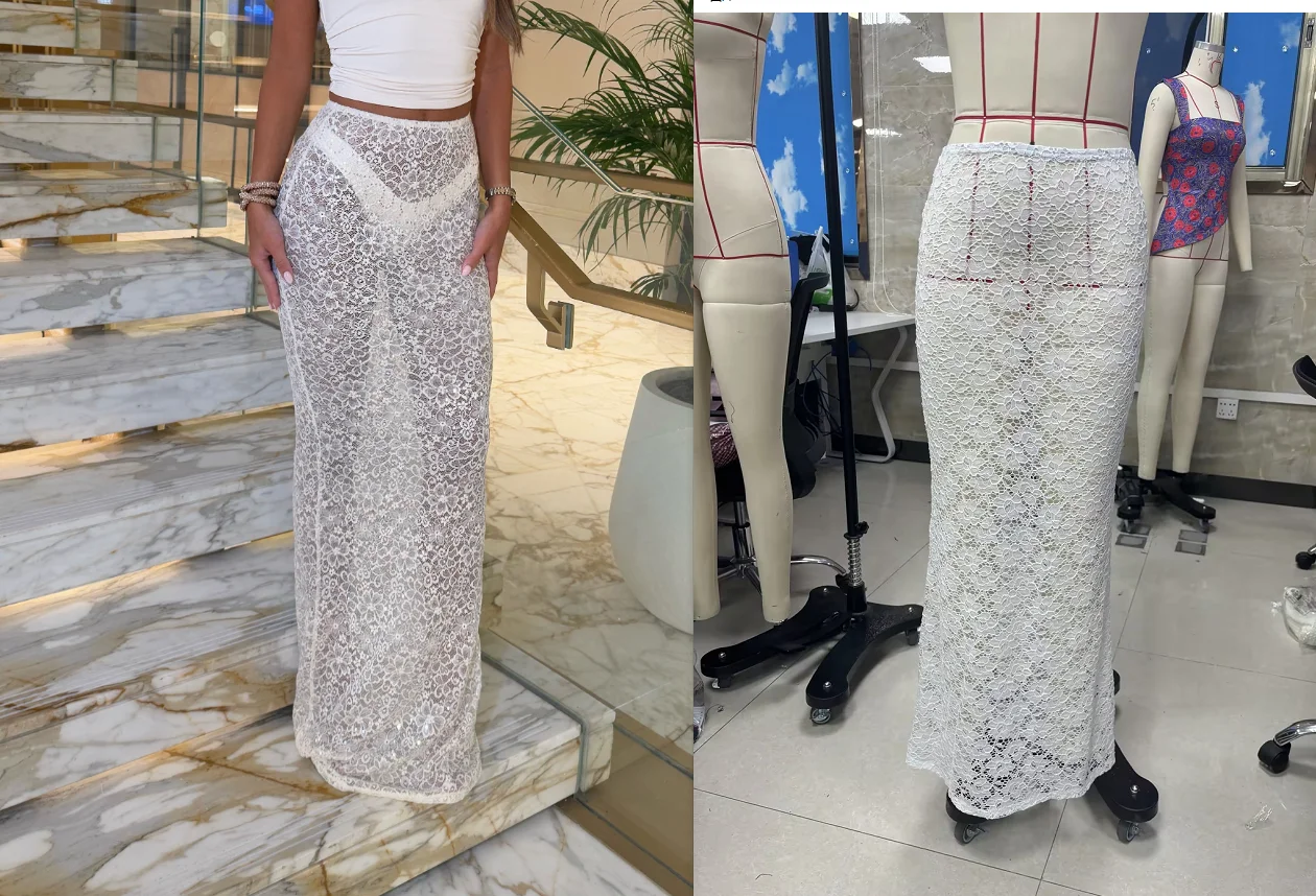 Women's Summer Long Sheer Skirt Slim Fit Lace Floral Skirt for Travel, Beach, Shopping