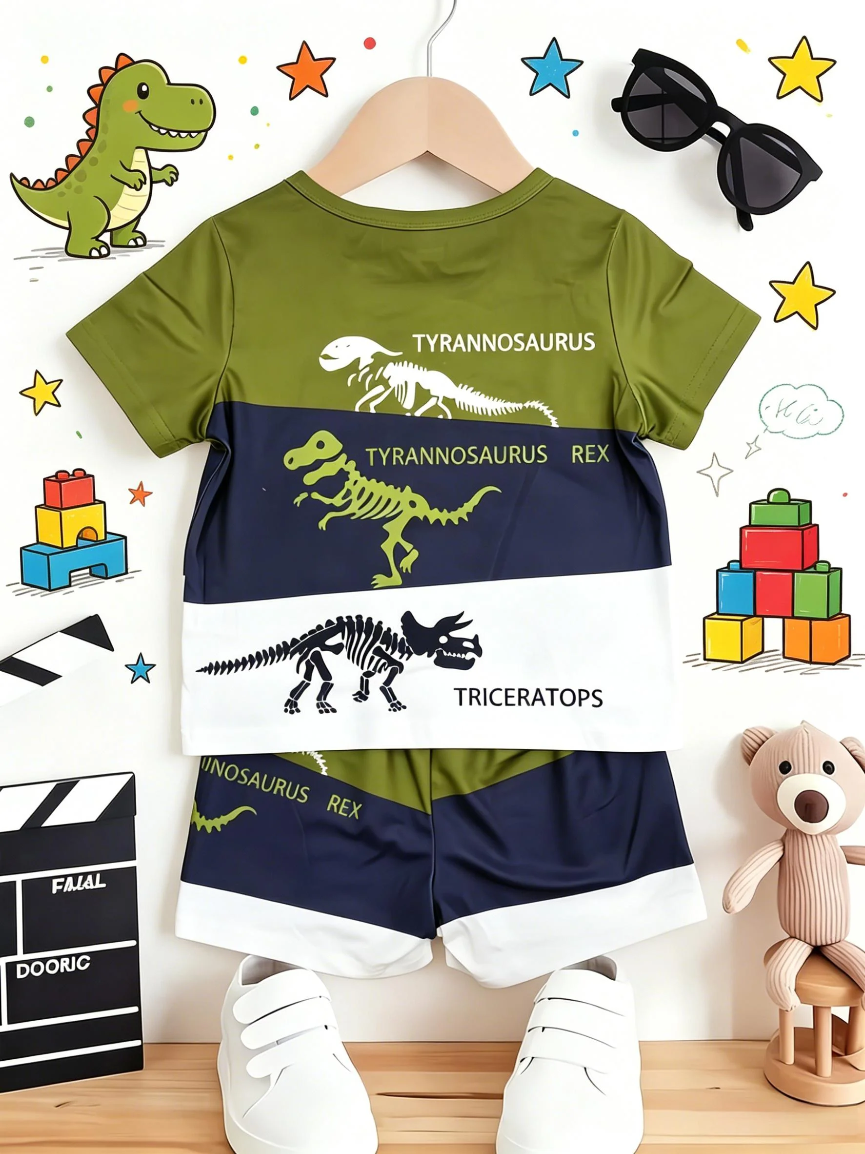 Cool Style Dinosaur Skeleton Print Boys Short Sleeve Shorts Set New Arrival