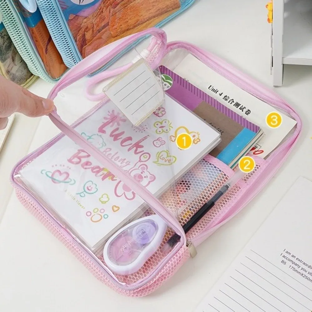 

Transparent Zipper File Bag Handle Large Capacity Storage Organizer Bag Candy Color Multifunction Student Handbag