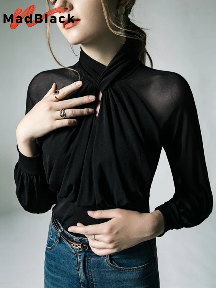 

MadBlack European Clothes Tshirt Women Sexy Twist Little Transparent Ruched Slim Mesh Top Long Sleeve Elastic Tee Fall T39868JM