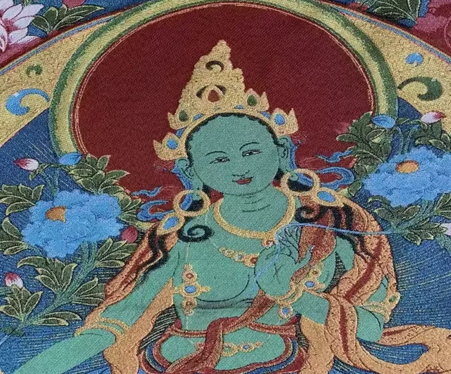 35.4″ Green Tara Statue Brocade Tibetan Tangka Embroidery Painting Gold Thread Embroidery Decorative Hanging Pictures
