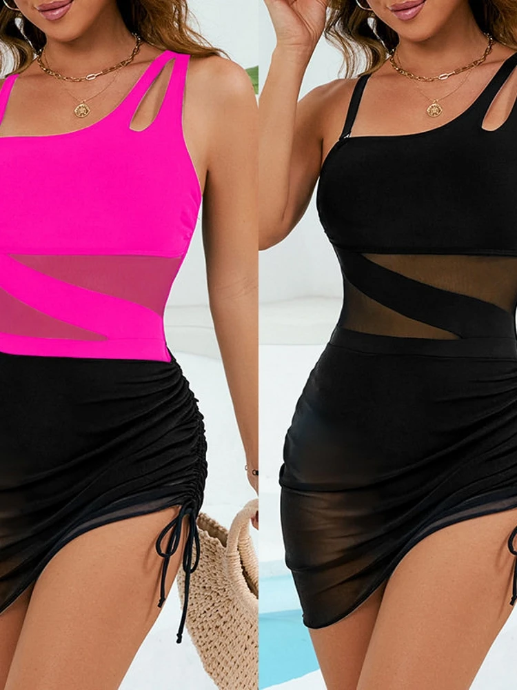 

Sexy Color Mesh Splice One-piece Bikini Swimsuit Casual Surfing Suit with Chest Pad No Steel Support Polyester