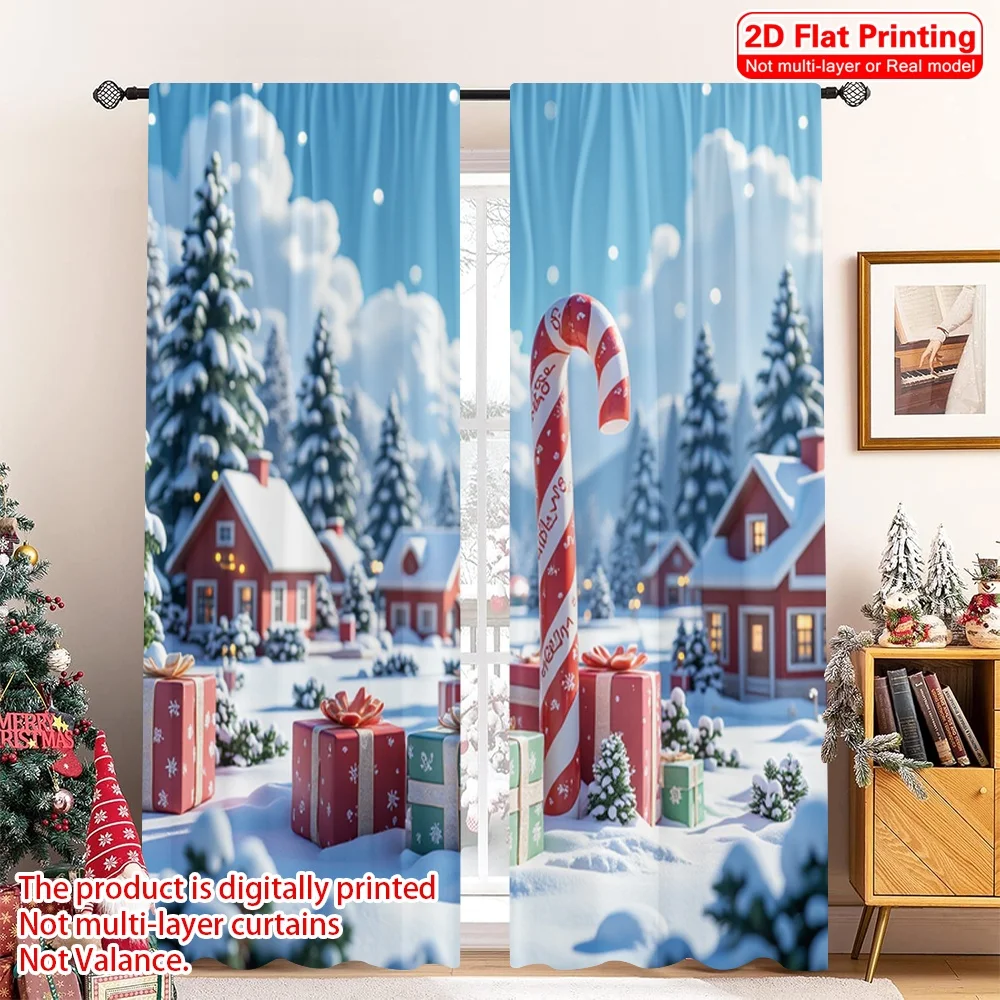 

2pcs 2D flat printing Merry Christmas Popular Window Curtains North Pole Christmas Village Gifts Polyester Without Electricity
