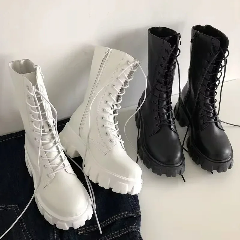 

Women's Shoes New Mid Calf Boots Autumn Winter Fashion Lace-up Shoes for Women Chelsea Zipper Boots Non-slip Shoes Botas Mujer