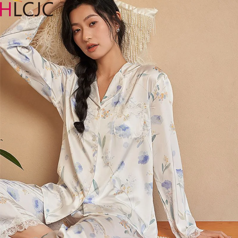 Women\'s Pajamas Sets Spring Autumn 2 Piece Flower Print Pyjama Femme Faux Silk Satin Sleepwear Long Sleeve Pijama Mujer Homewear