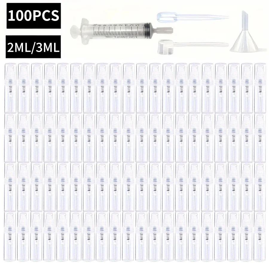 100 Spray Bottles 2ML/3ML- Odorless, BPA-free clear refillable travel atomizer, portable mini-sprayer for perfume and cosmetics