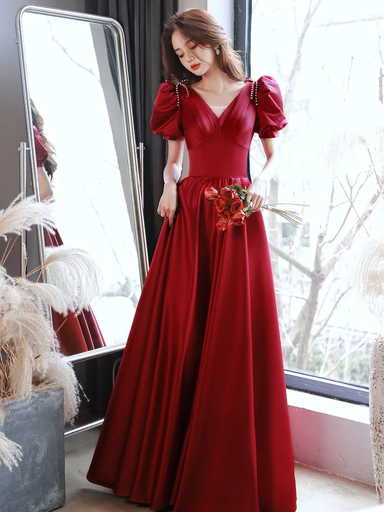 

Burgundy Evening Dress Soft Satin French Elegant V-neck Temperament Puff Sleeve Pearl Bow Slim Long A-line Engagement Dresses