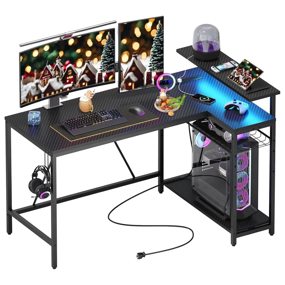 Home Office With Power Outlets Reversible Computer Table RGB LED Lights With Monitor Stand Small Corner L Shaped Gaming Desk