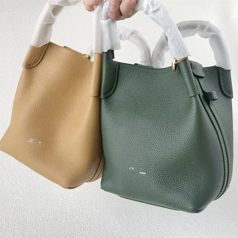 LP Women\'s Handbags High Quality Solid Color Small Bucket Lychee Grain Cowhide New Simple Leisure Hundred Vegetable Basket Bag