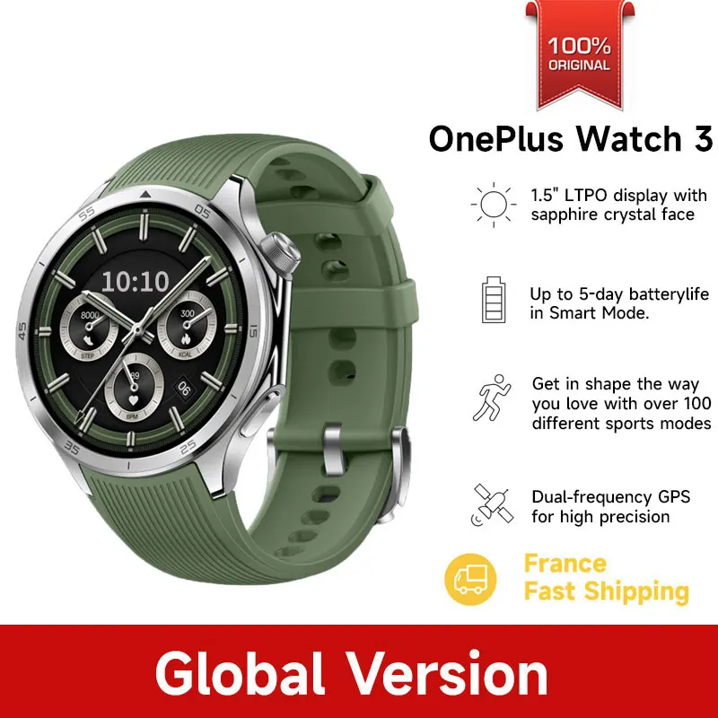 Version Globale OnePlus Watch 3 46MM Montre Connectée Écran AMOLED 1,5 pouces Mémoire 32 Go Snapdragon W5 Wear OS par Google IP68