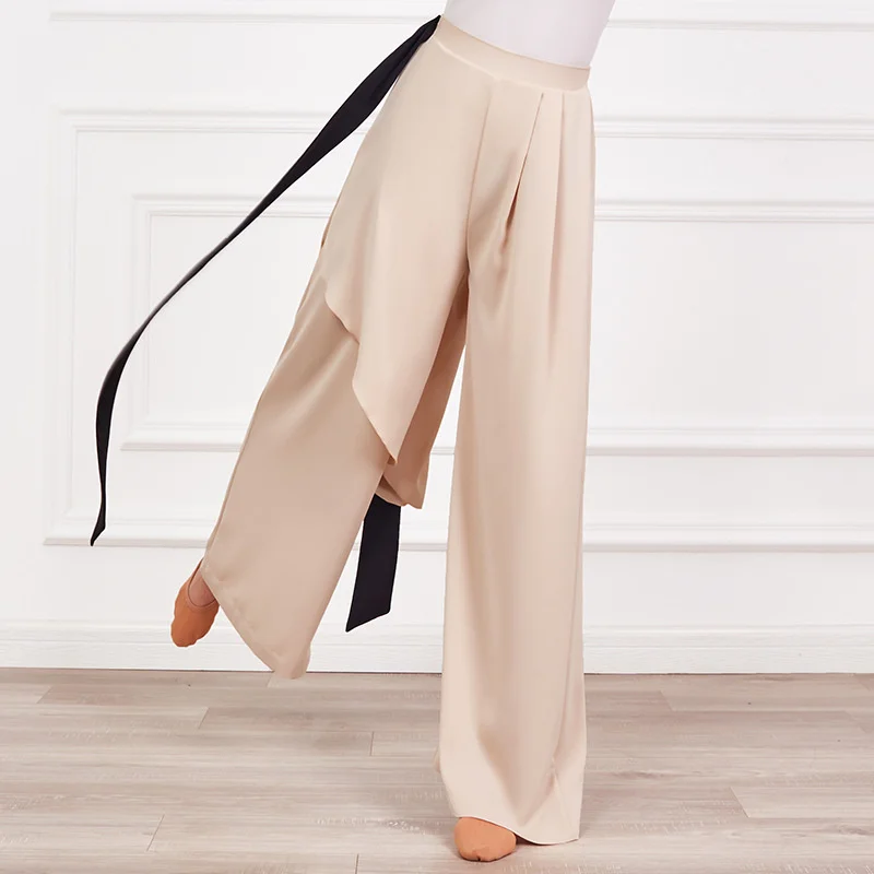 Lady\'s Fairy Classical Dance Pant Wide Leg Chiffon Flowy Pants With Long Belt Contrast Color Modern Dancer Practice Basic Wear