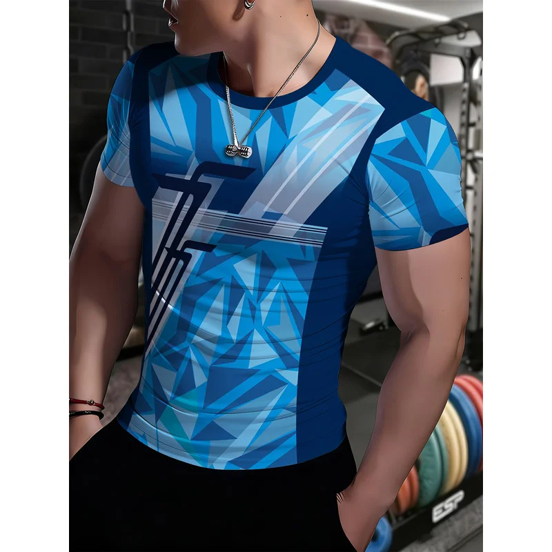Quick Dry Breathable Men's Fitness Short Sleeve T Shirt Navy Ice Blue Geometric Diamond Crushed Ice Patchwork High Elastic Sweat