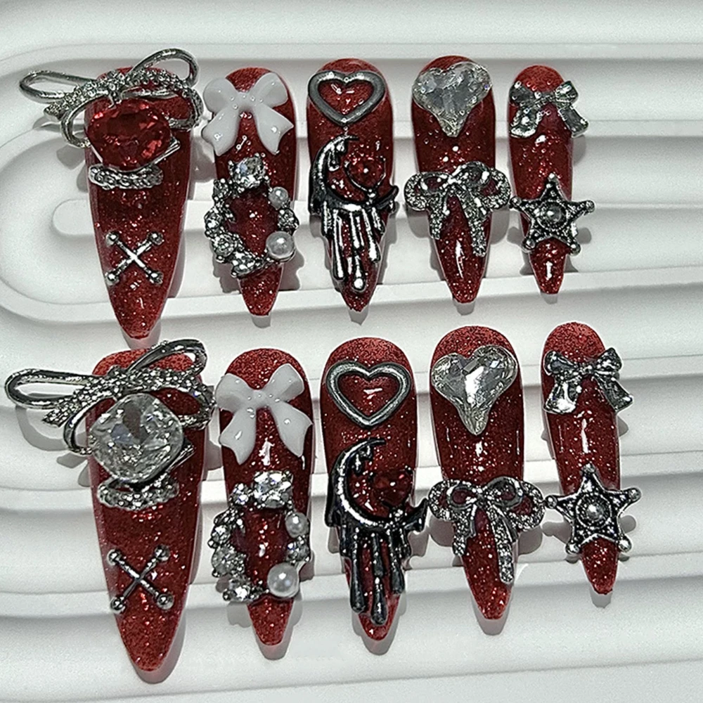 Halloween Dark Blood Red Luxury Handmade Press On Nails 3D Bow Star Love Diamond Glitter Long Tip Fake Nails Wearable Nail Art