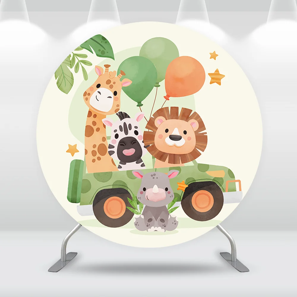 Cartoon Animals Baby Shower Round Circle Backdrops Photography Banner Safari Car Wild One Photo Background Banner Polyester