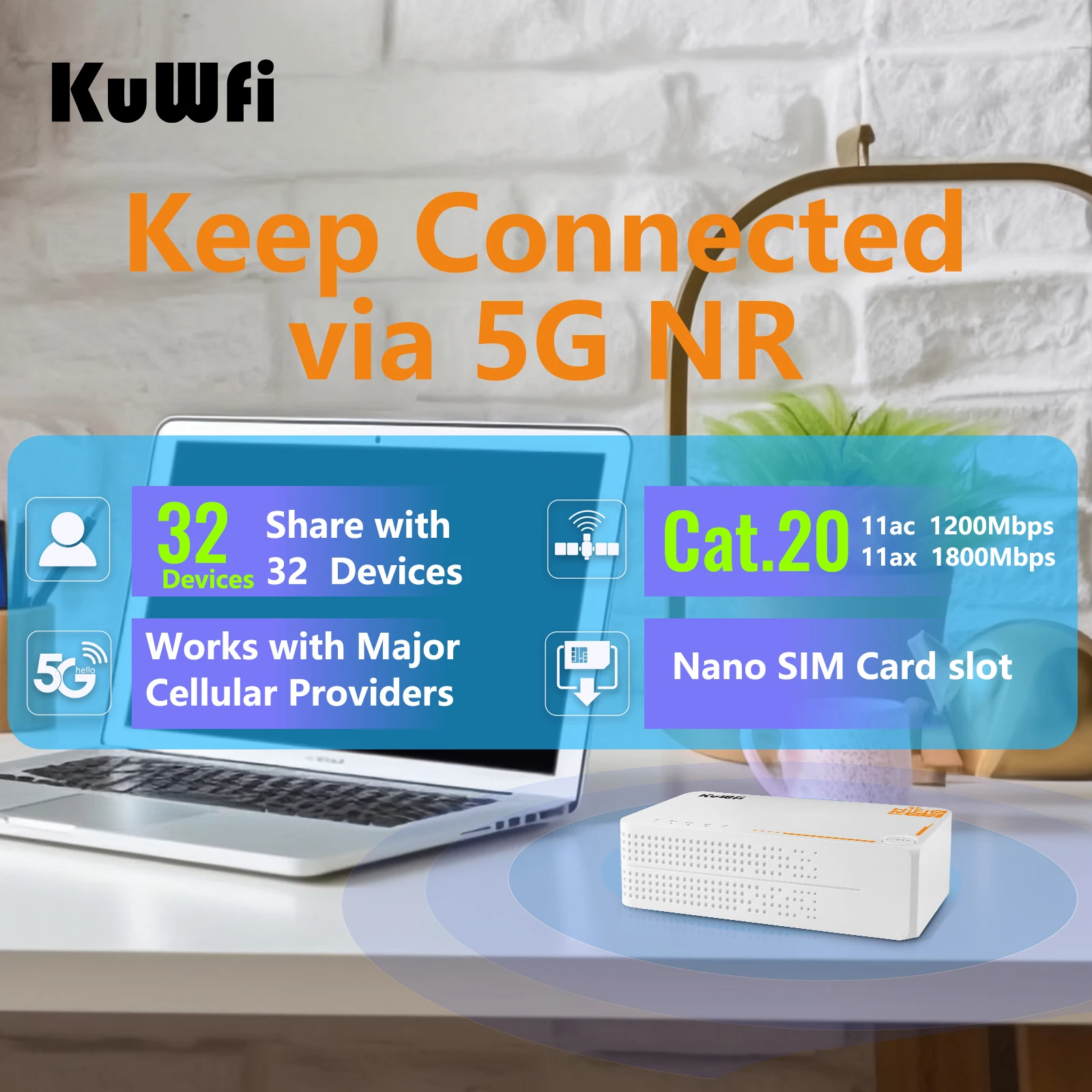 KuWfi 5G Wifi Router with Sim Card Slot AX3600 WiFi 6 CPE Router Indoor Outdoor 4000mAh Wifi Hotspot Support ESIM 32 Users