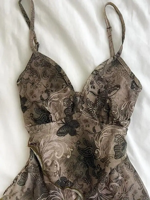 

Original Vintage Design Brown Print Strap Women's Unique Super Beautiful Slimming Svel Top Commute Sle Cotton Blend