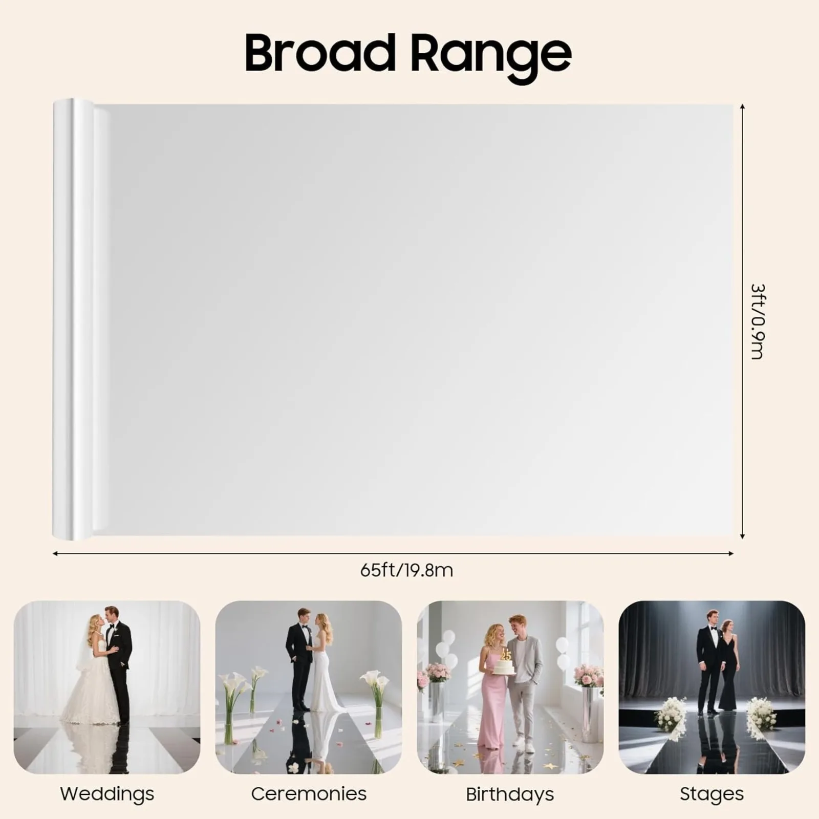 BYMAOCAR 65 x 3ft Mirror Wedding Carpet, PET Material Silver Reflective Aisle Runner, Cuttable Low Pile Entrance Rug for Party Banquet