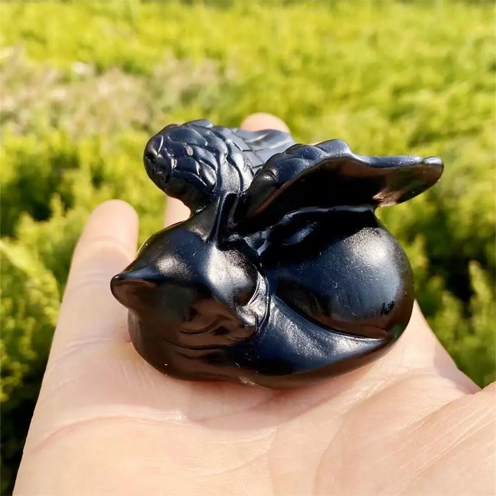 

Natural Black Obsidian Angel Cat Carving Quartz Healing Crystal Stone Cute Birthday Present Home Decoration 1PCS