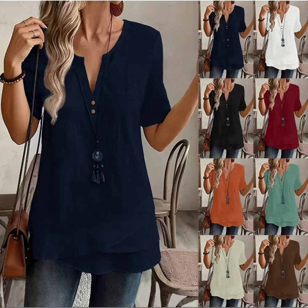 Women Solid Cotton Linen Blouse Summer New Short Sleeve Button Front Loose Lightweight Casual Ladies Tops