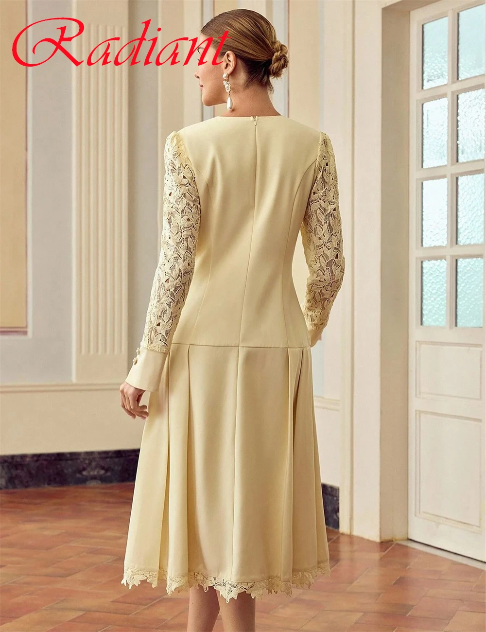 Maßgeschneidertes, hochwertiges gelbes Jersey-Abendkleid, elegantes, anmutiges Abendkleid mit Rundhalsausschnitt und langen Ärmeln, klassische Promi-Kleider