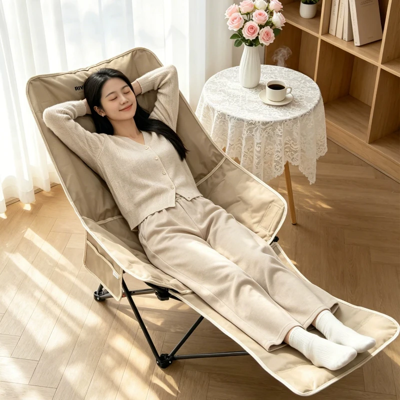 Thickened Padded Folding Lounge Chair, Portable Moon Recliner for Office Nap & Camping, Adjustable Balcony Relax Seat