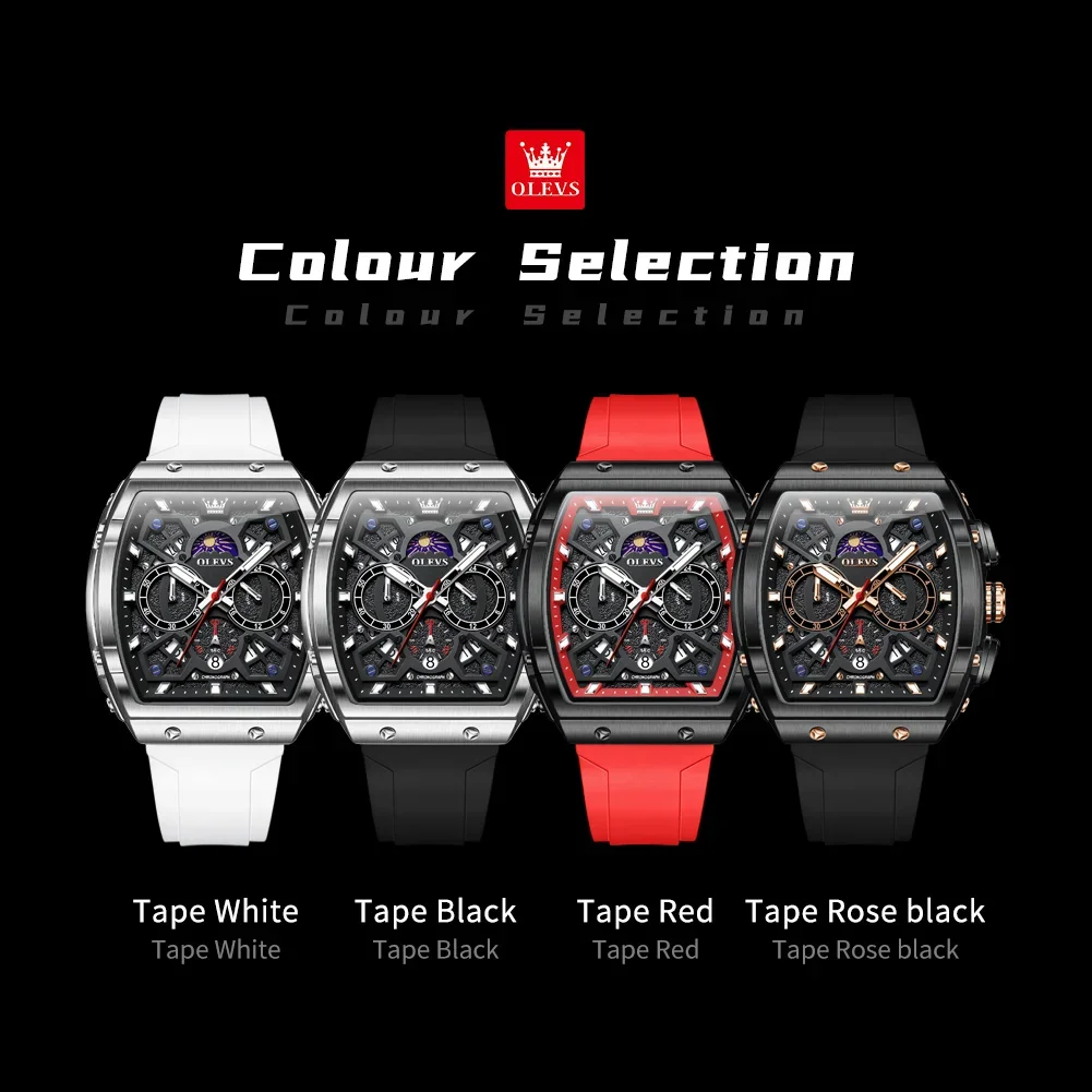OLEVS 2942 ساعة رجالية بحزام سيليكون تونيو تصميم قرص متعدد الوظائف ساعة كوارتز للرجال مرحلة القمر التقويم ساعة كرونوغراف