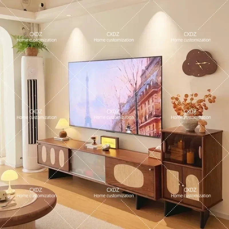 Walnut Color Solid Wood TV Cabinet Antique Retro Living Room Side Cabinet Combination 2026 New