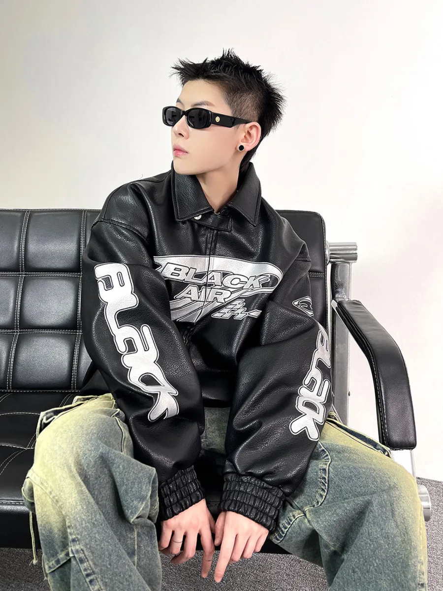 Vintage American Heavyweight Embroidered Motorcycle Leather Jacket for Men Oversized Biker Coat Urban Streetwear Retro Outerwear
