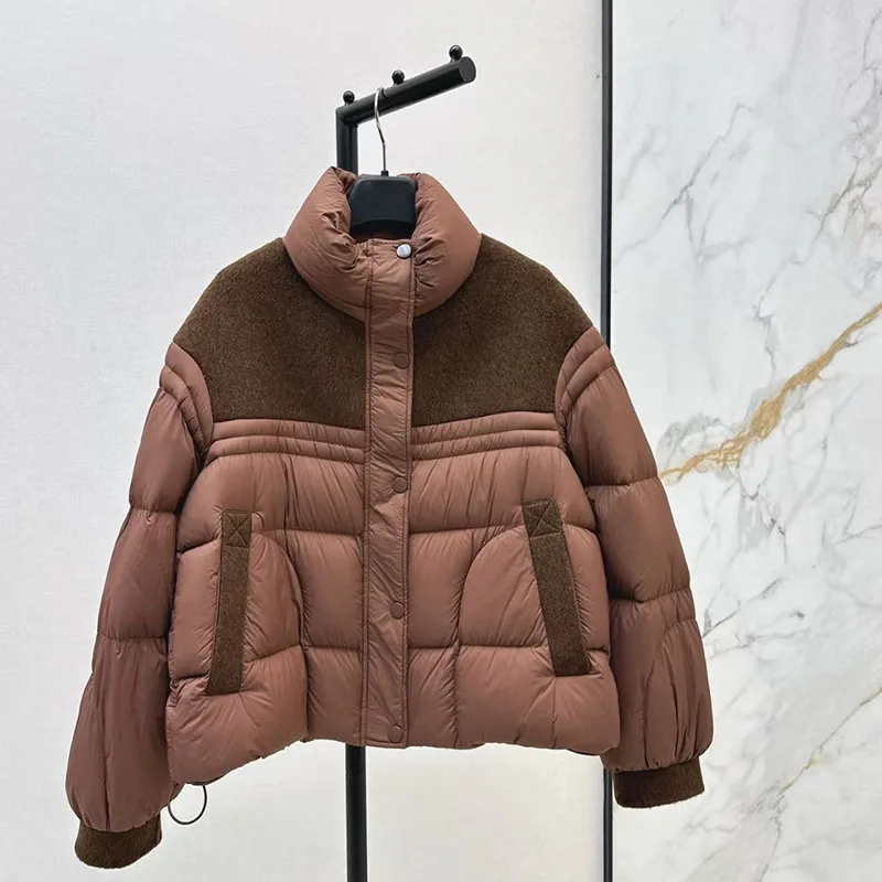 Wende-Daunenjacke aus Kaschmirmischung für Damen, locker sitzende warme Jacke, hochwertige, gefüllte Pufferjacke mit weißer Gänsedaunen