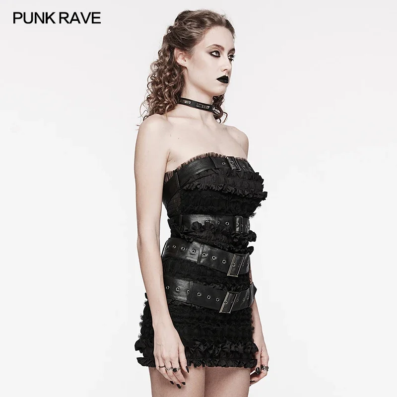 PUNK RAVE Women\'s Daily Cute Punk Tube Top Chest Detachable Leather Loops Rebellious and  Sexy Tops Summer Women Clothing