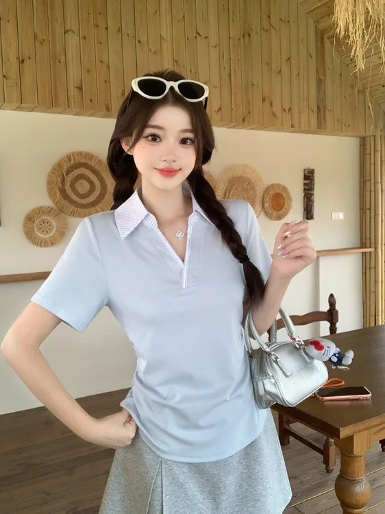 

plus Size Women's Slim Fit Neck Short Sleeve T-Shirt Striped Waist-Cinching Trendy Top Korean Style Summer New Arrival