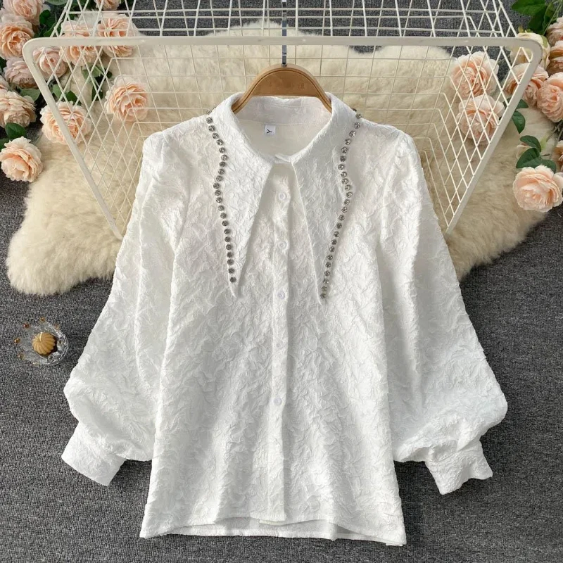 Temperamento Polo Collo Camicetta ampia tinta unita Primavera Autunno Manica lunga Elegante camicia da gioventù Top Abbigliamento donna vintage da ufficio