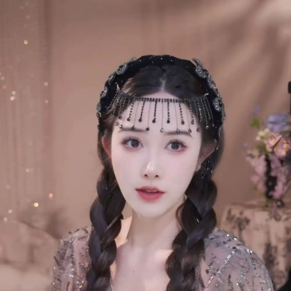 

Корейский стиль, обруч для волос с цветком, милая изысканная вечерние украшения, тиара со стразами и кисточкой, широкая повязка для волос