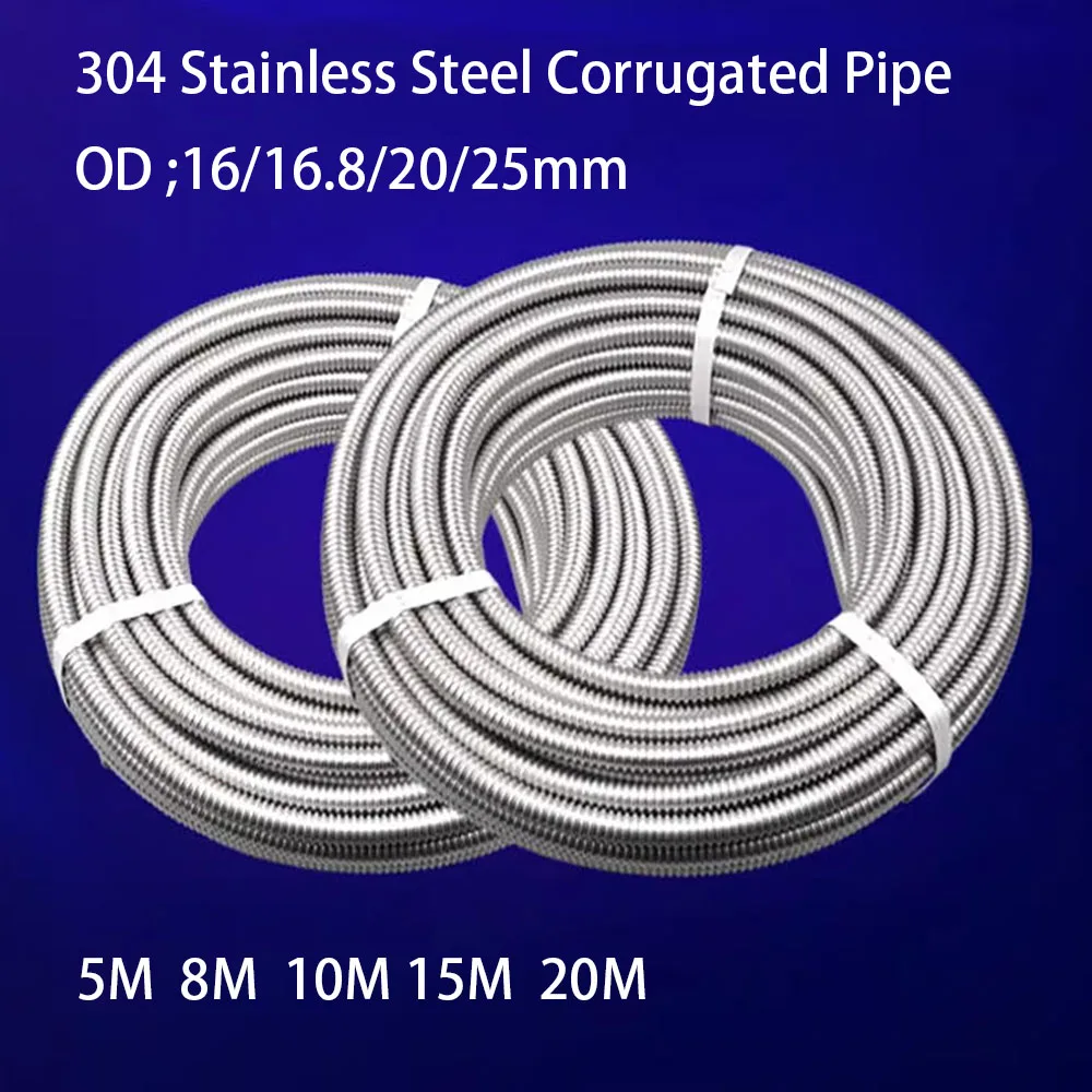304 Stainless Steel Corrugated Pipe, 16/16.8/20/25mm Water Heater Hose, 5M 8M 10M 15M 20M For Cold And Hot Water Inlet And Outle