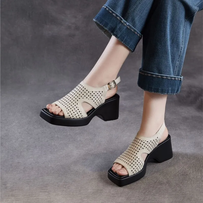 2026 Thick Soled High Heels Roman Sandals New Summer Coarse Heel Hollow-out  Breathable Genuine Leather Women's Shoes