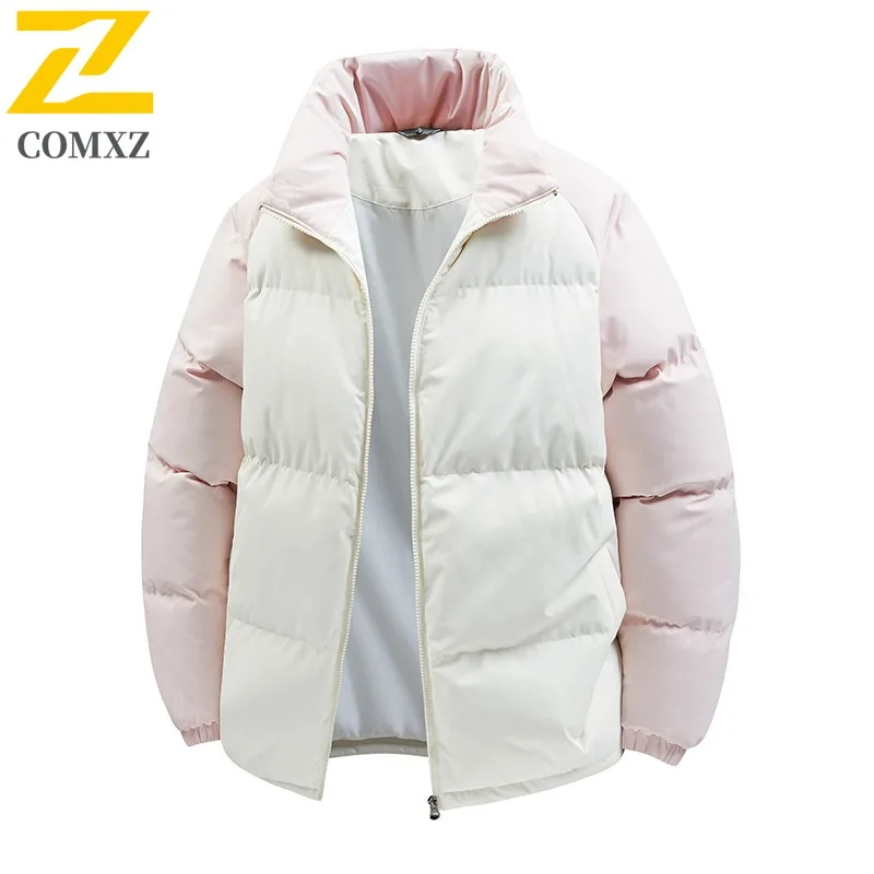 COMXZ 2025 Autumn Winter Color Block Cotton Jacket Unisex Stand Collar Loose Fit Thick Warm Coat tactics lightweight windbreaker