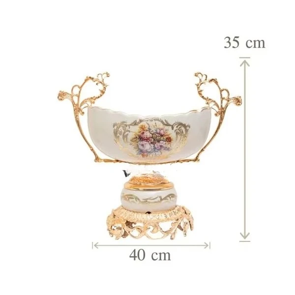 طقم مزهرية مزدوجة من البورسلين والنحاس الصلب الذهبي مع وعاء مركزي مزين بالزهور