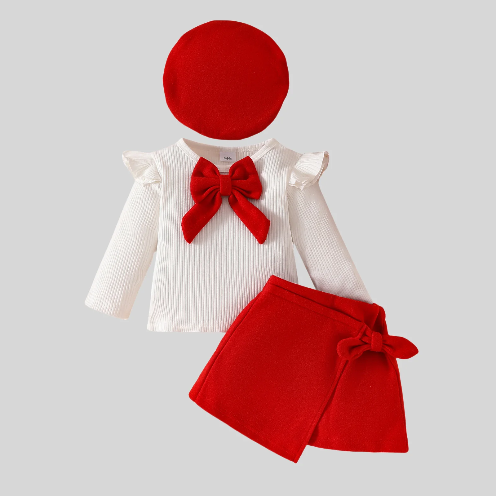 

Christmas Toddler Girl Outfit Set Long Sleeve Ruffle Bow Top + Skirt + Matching Beret Hat 3-Piece Set for 0-5Y Girls