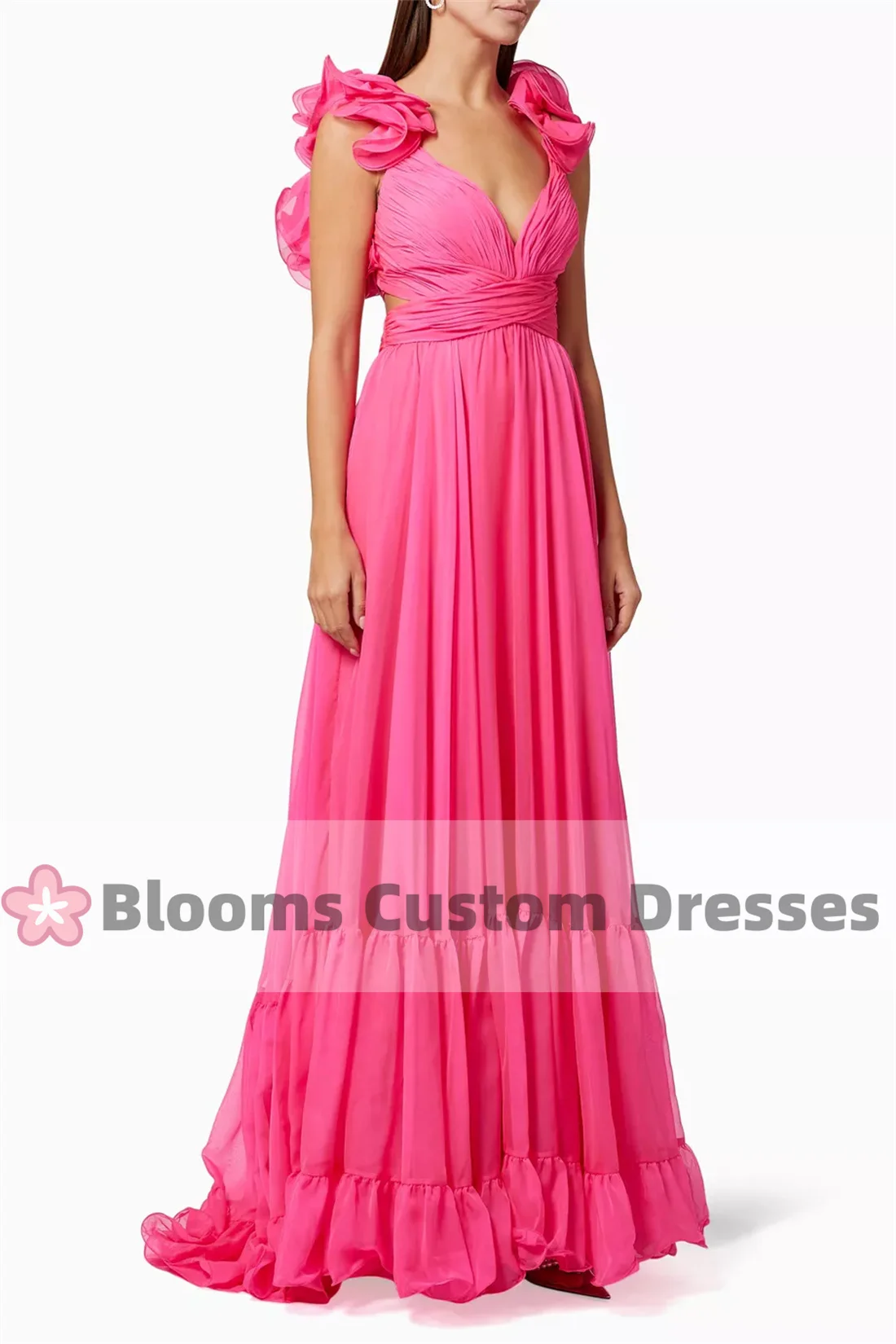 Blooms Ruffle Tiered Cut-out Evening Dresses 2024 Chiffon A-line Backless Draped Formal Party Gown robes invitée mariage