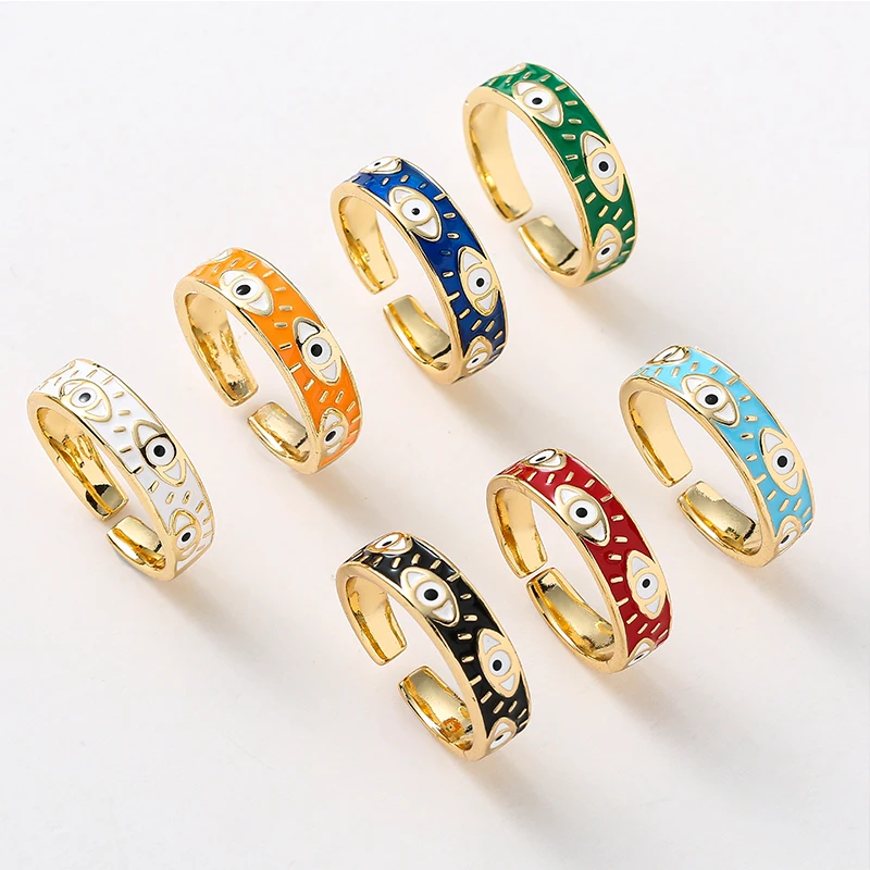 Enamel Evil Eye Ring Y2K Multi-Colors Stackable Band Ring Women Gold Plated Copper Rings Turkish Evil Eye Finger Rings Jewelry