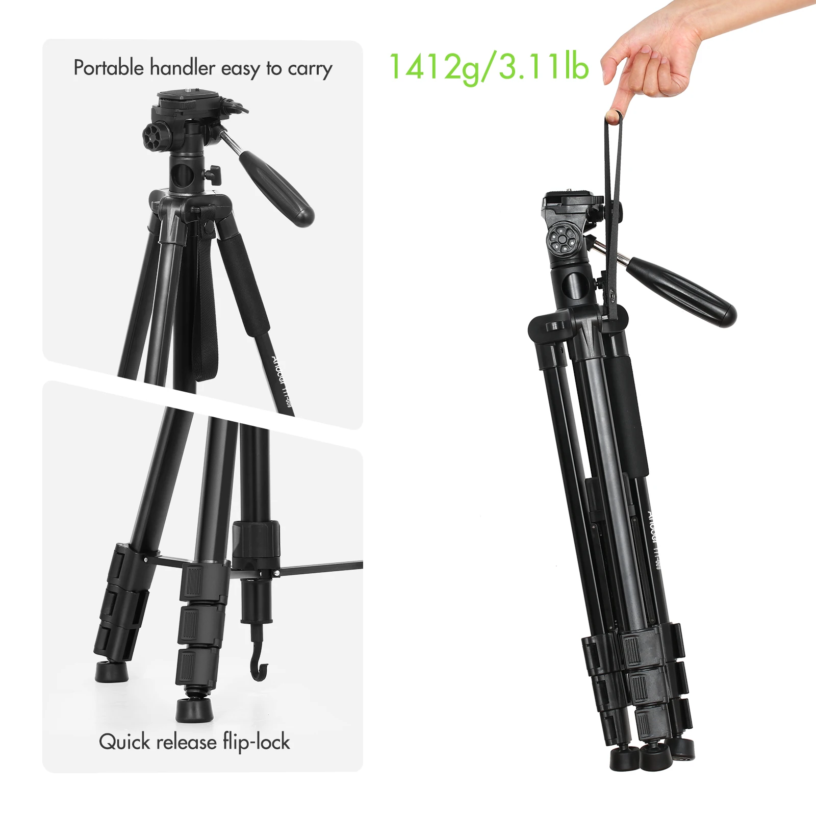 Andoer TTT-009 Tripod 168cm Monopod Camera Horizontal Tripod for Canon Sony Nikon DSLR Mirroless Cameras Camcorders Smartphones