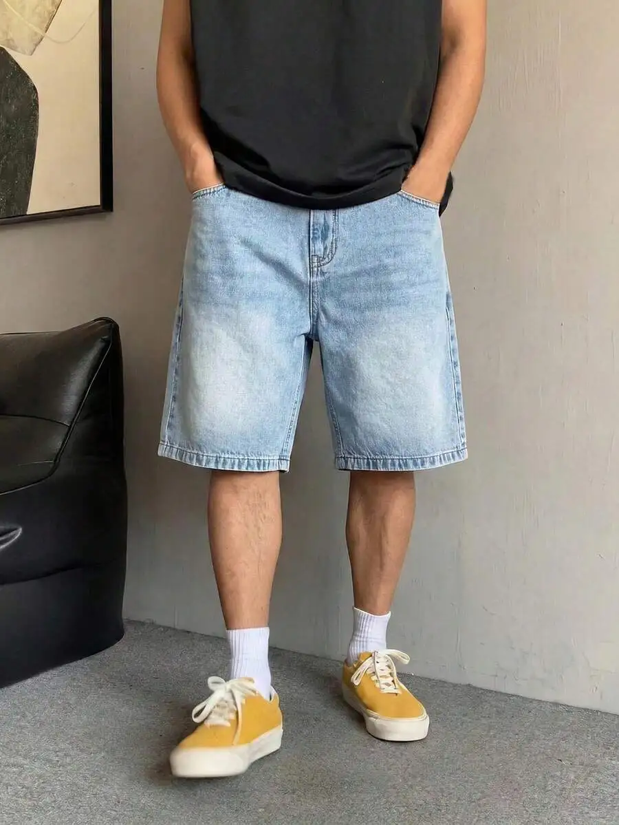 Men's Summer Non-Stretch Denim Shorts Straight Leg Mid-Thigh Length, Cotton