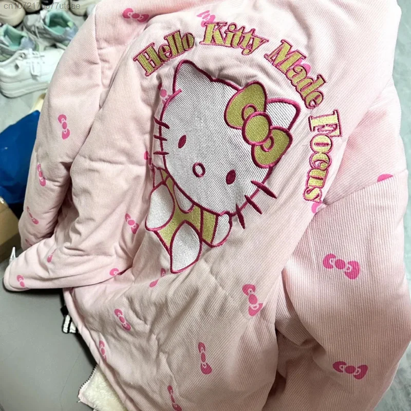 Sanrio Hello Kitty Embroidered Cute Cartoon Women\'s Cotton Down Coat With Thickened Inner Lining And Velvet Coat for Winter