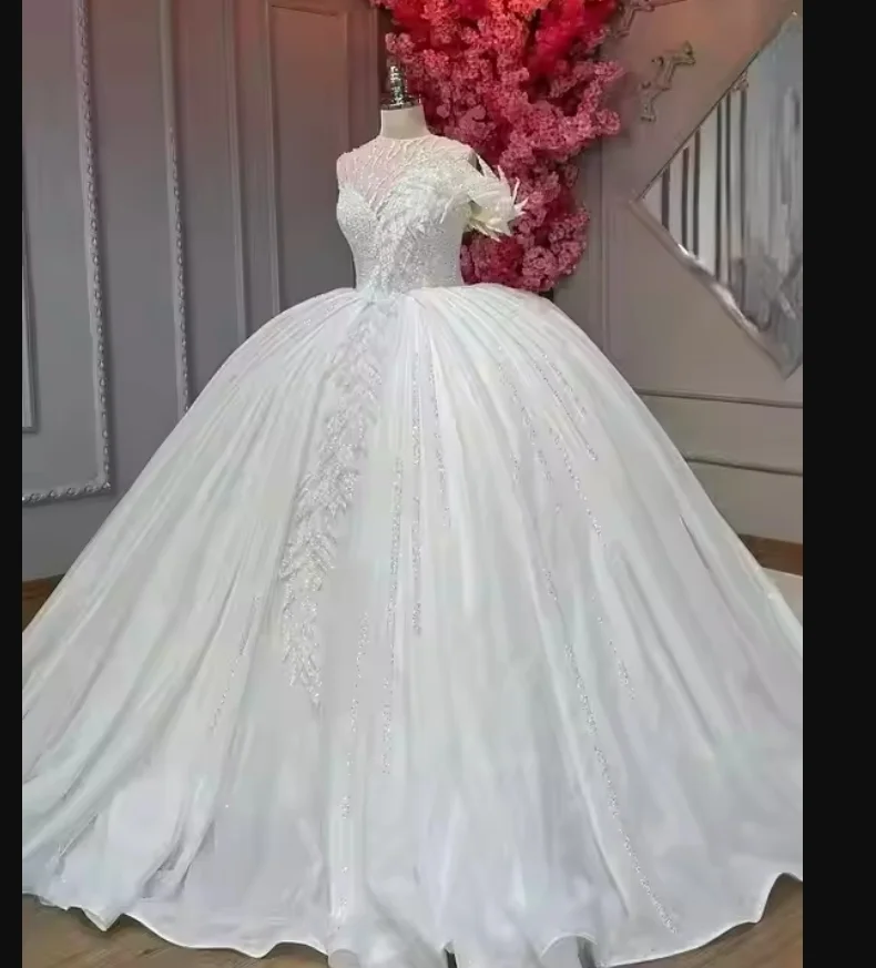 Customized Sheer Neck  Sparkly Sequins Beads Ballgown Wedding Dress  Court Train Robe De Mariée   Princess Puffy Bridal Gown